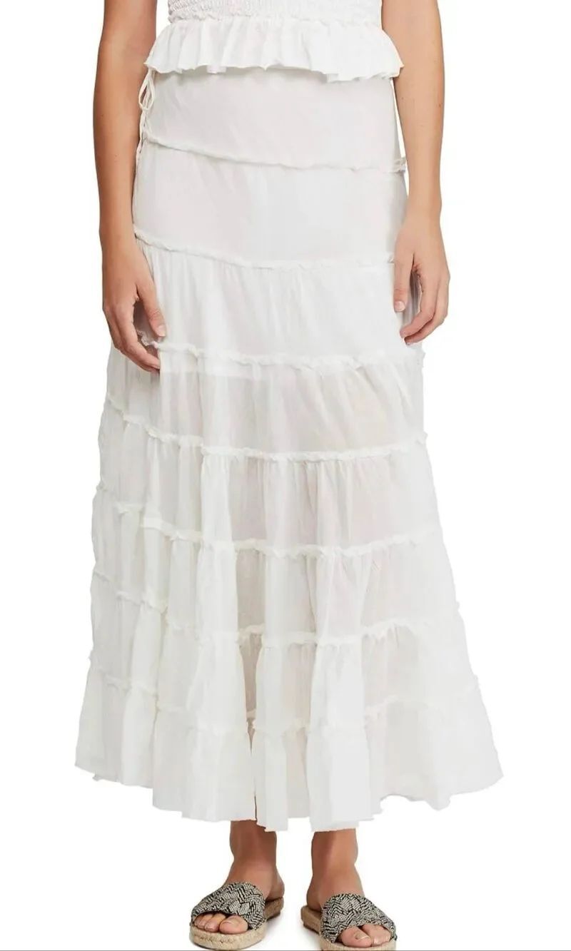 Free People Stuck in A Moment Cream Puff White Cotton Tiered Maxi Skirt